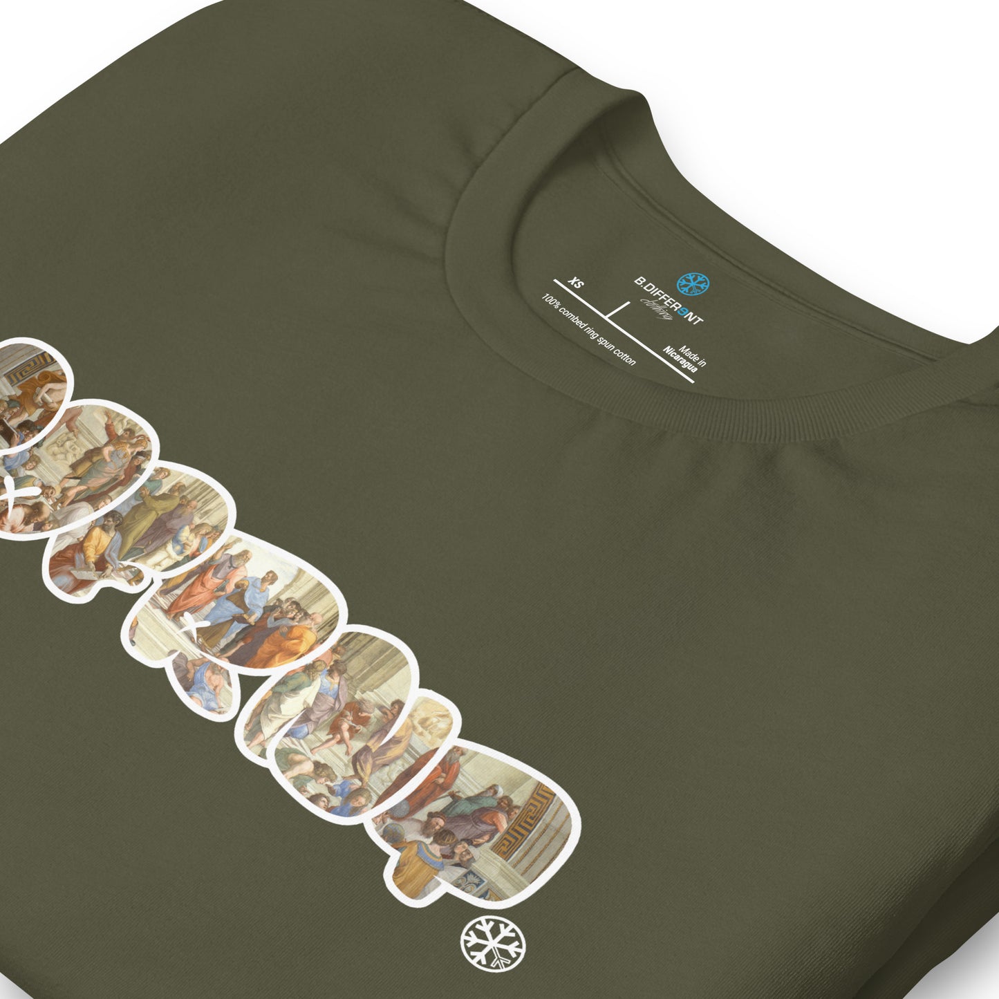 Green-BDFRNT Throwie x School of Athens Graffiti Tee from B.Different Clothing, detail, graffiti-inspired streetwear t-shirt