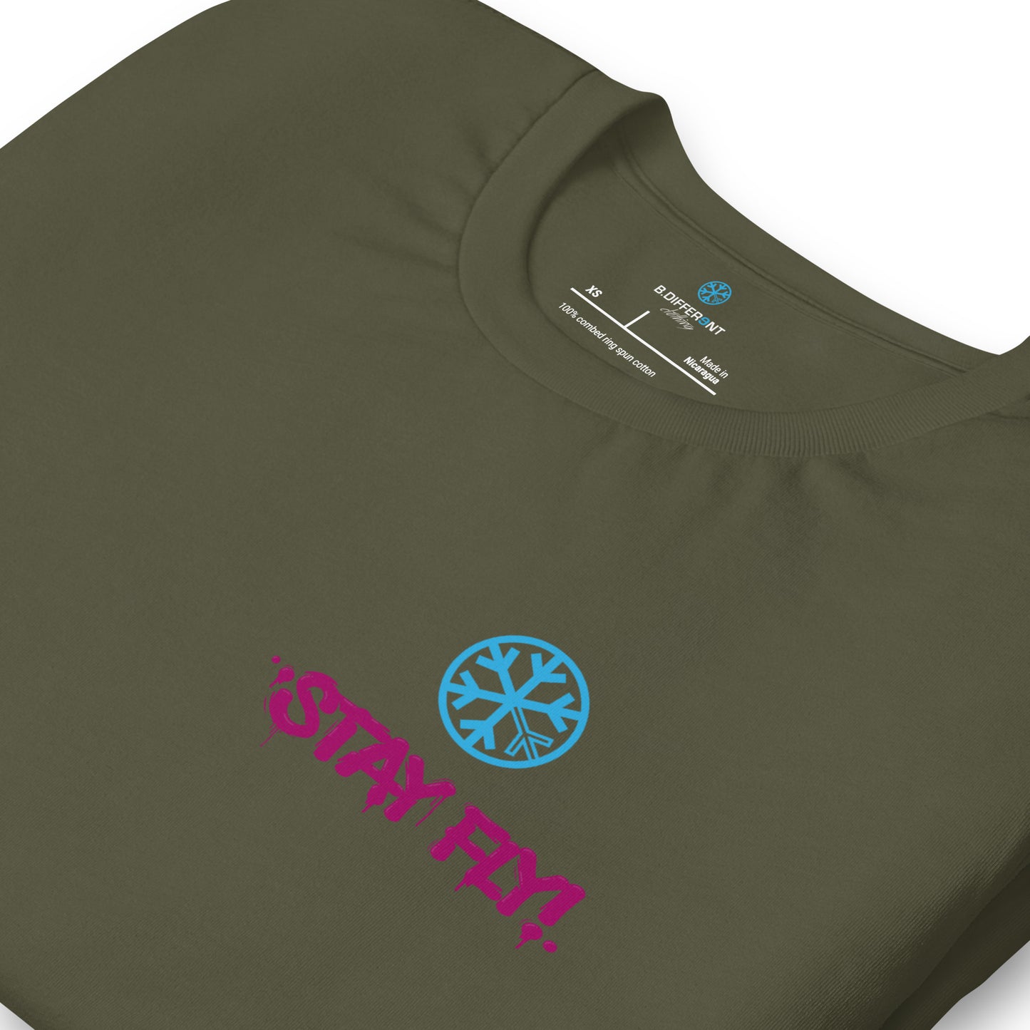 Green-Stay Fly Graffiti Character Tee from B.Different Clothing, detail, graffiti-inspired streetwear t-shirt