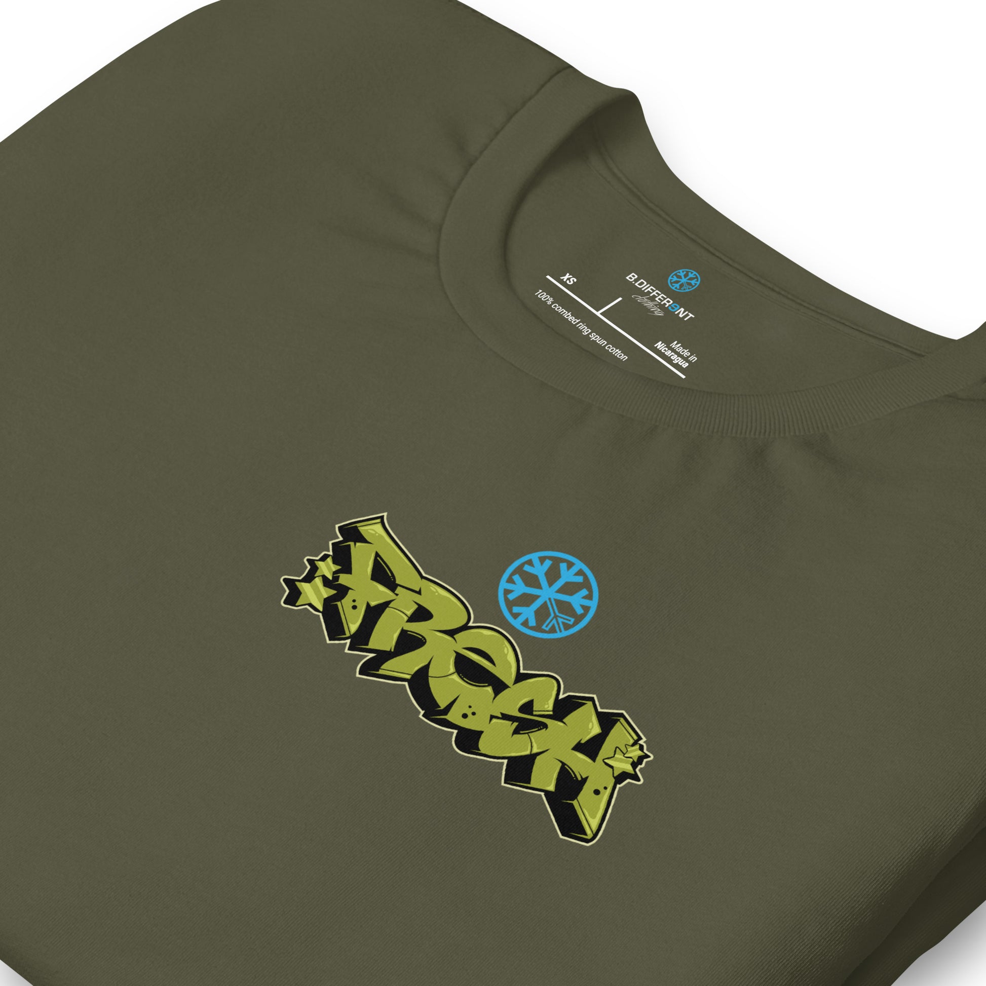 Green-Fresh Graffiti Character Tee from B.Different Clothing, detail, graffiti-inspired streetwear t-shirt