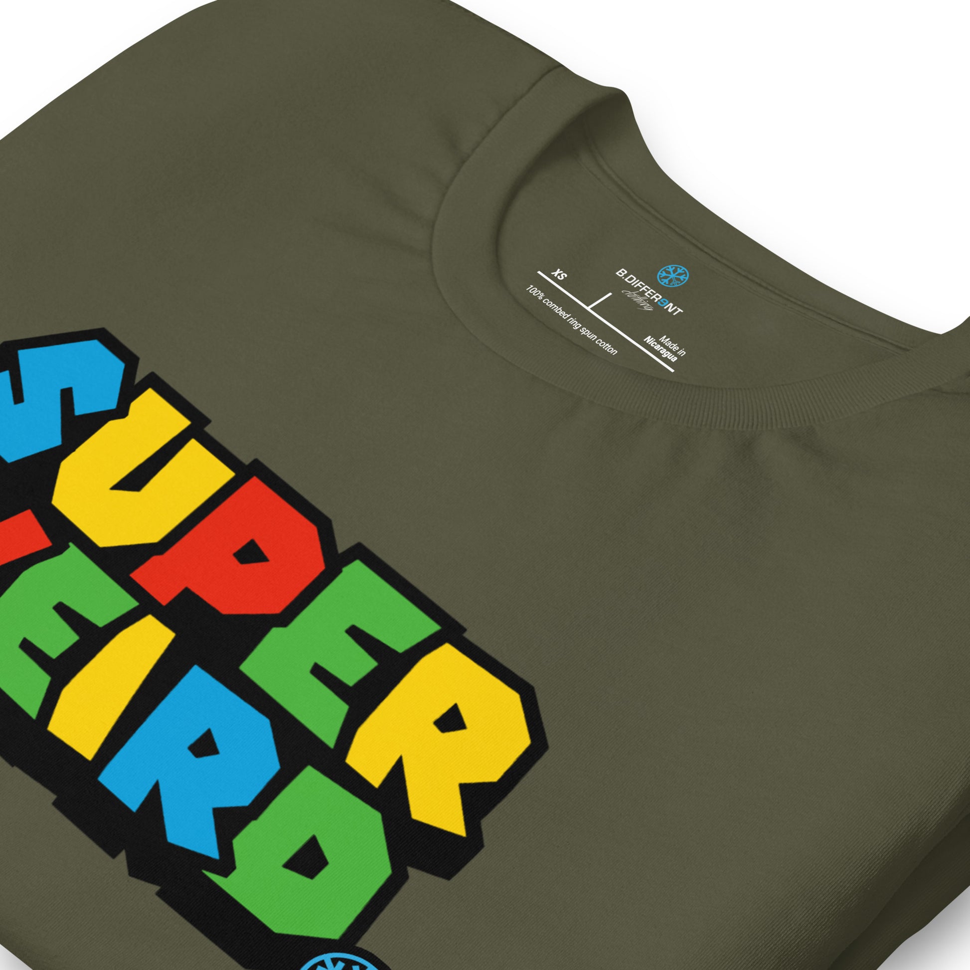 Green-Super Weird Tee from B.Different Clothing, detail, graffiti-inspired streetwear t-shirt
