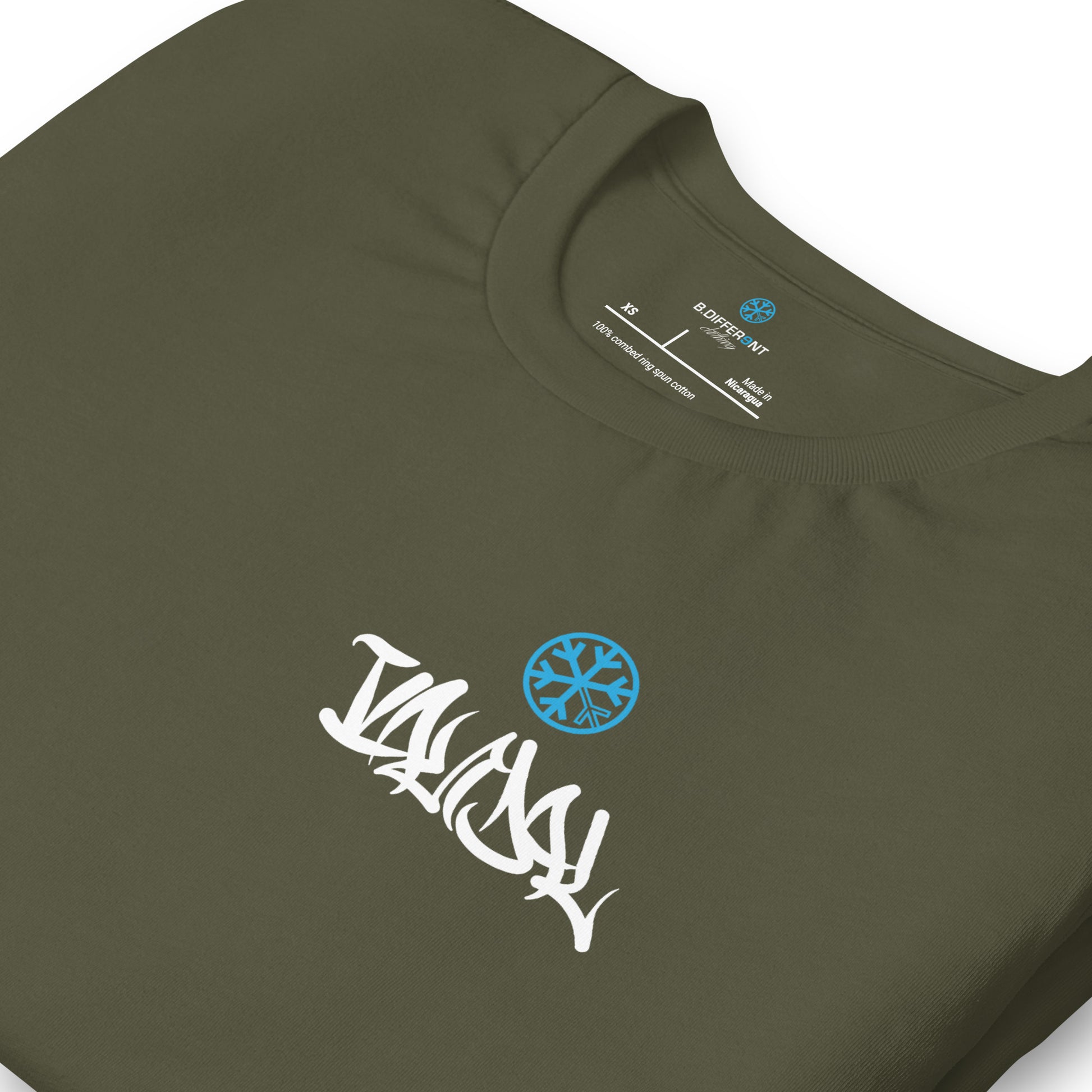 Green-Vandal Graffiti Writer Tee from B.Different Clothing, detail, graffiti-inspired streetwear t-shirt