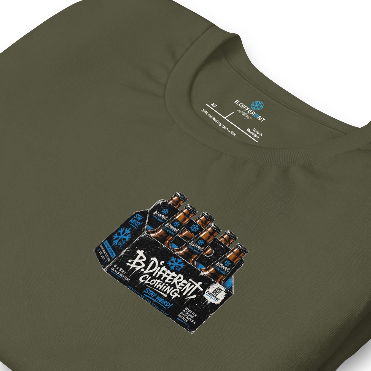 Army Green-Six Pack Beer Graffiti Tee from B.Different Clothing, detail, graffiti-inspired streetwear