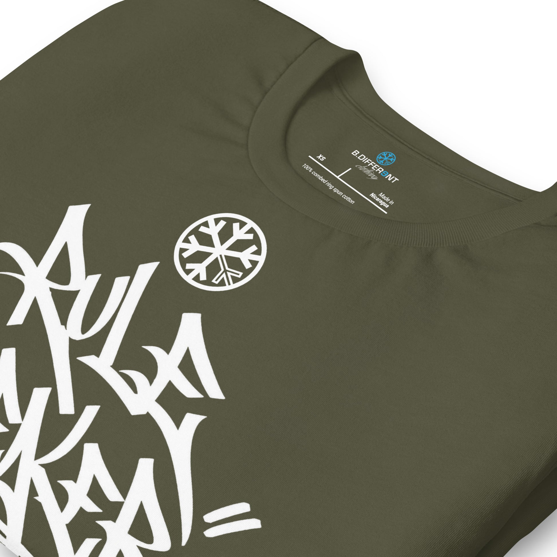 Army Green-Rule Breaker Graffiti Tag Tee from B.Different Clothing, detail, graffiti-inspired streetwear
