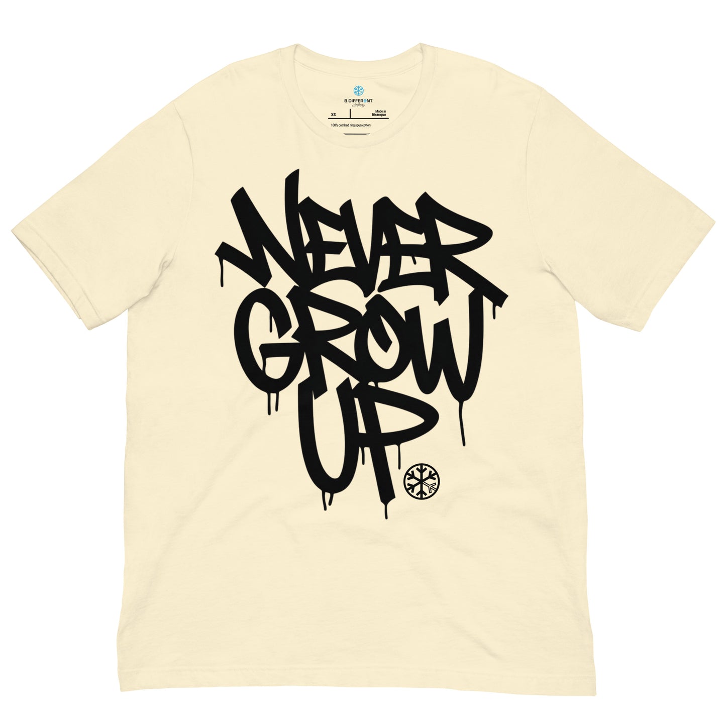 Beige-Never Grow Up Graffiti Tee from B.Different Clothing, front view, graffiti-inspired streetwear t-shirt