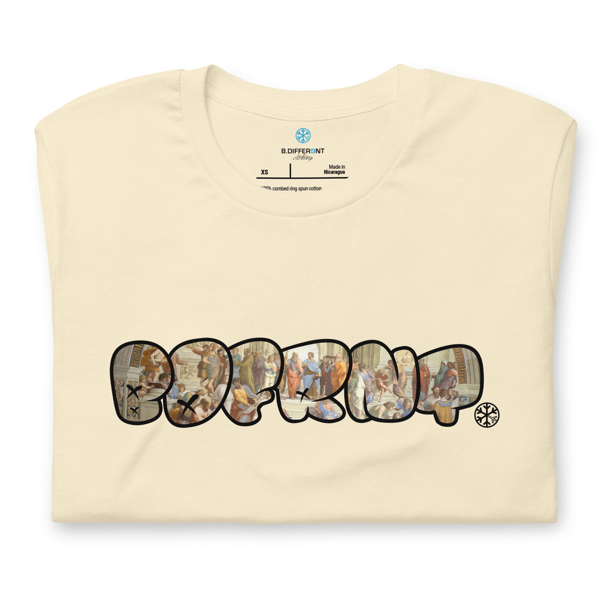 Beige-BDFRNT Throwie x School of Athens Graffiti Tee from B.Different Clothing, folded, graffiti-inspired streetwear t-shirt
