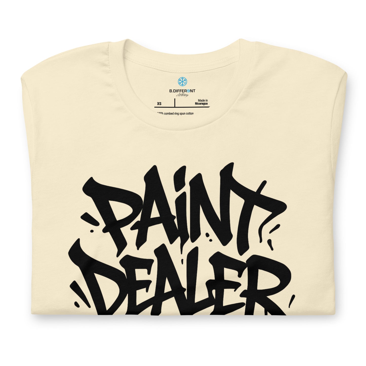 Beige-Paint Dealer Graffiti Tag Tee from B.Different Clothing, folded, graffiti-inspired streetwear t-shirt