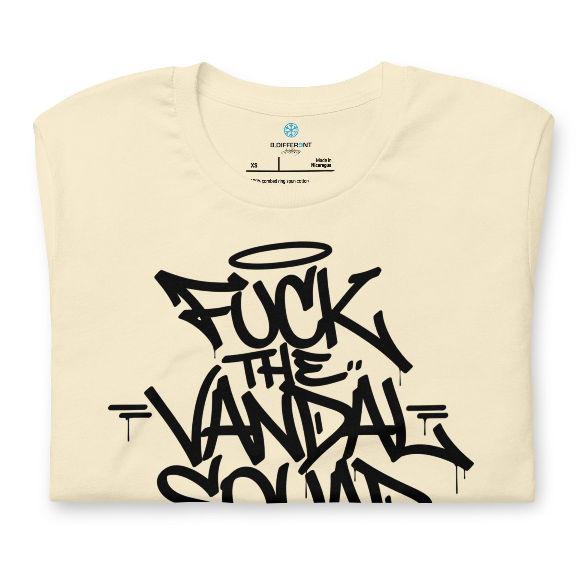 Beige-Fuck The Vandal Squad Graffiti Tee from B.Different Clothing, folded, graffiti-inspired streetwear t-shirt