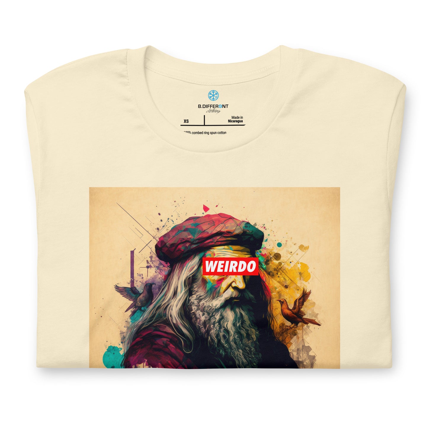 Beige-Leonardo da Vinci Tee from B.Different Clothing, folded, graffiti-inspired streetwear t-shirt