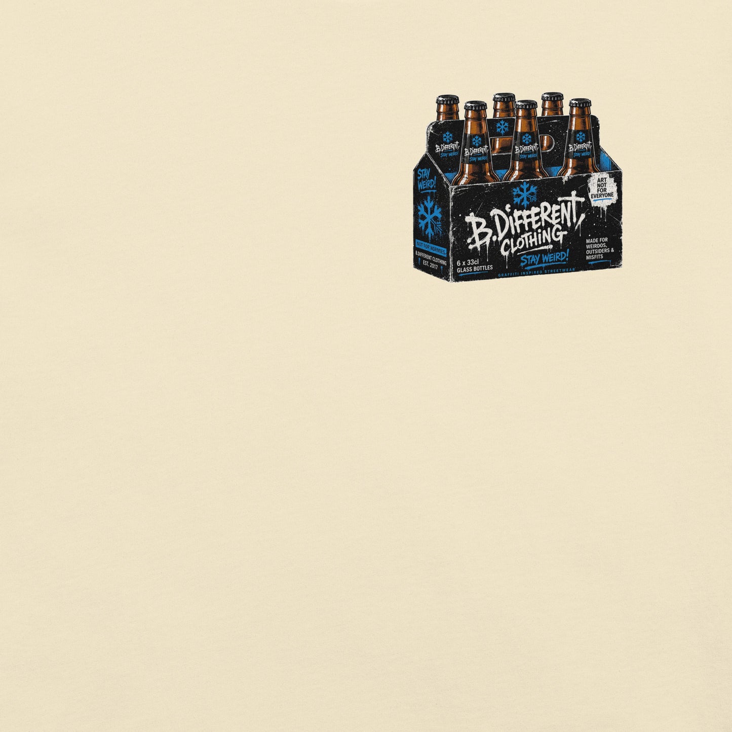 Beige-Six Pack Beer Graffiti Tee from B.Different Clothing, front graphic, graffiti-inspired streetwear