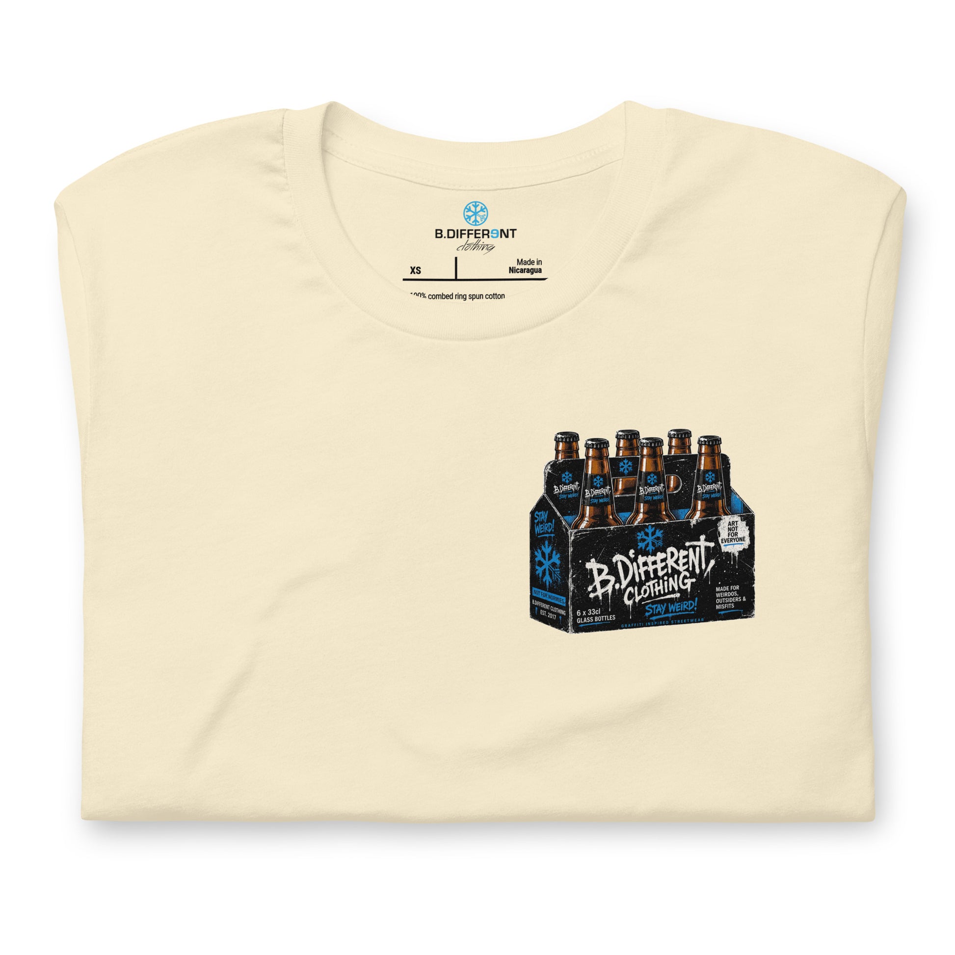 Beige-Six Pack Beer Graffiti Tee from B.Different Clothing, folded, graffiti-inspired streetwear