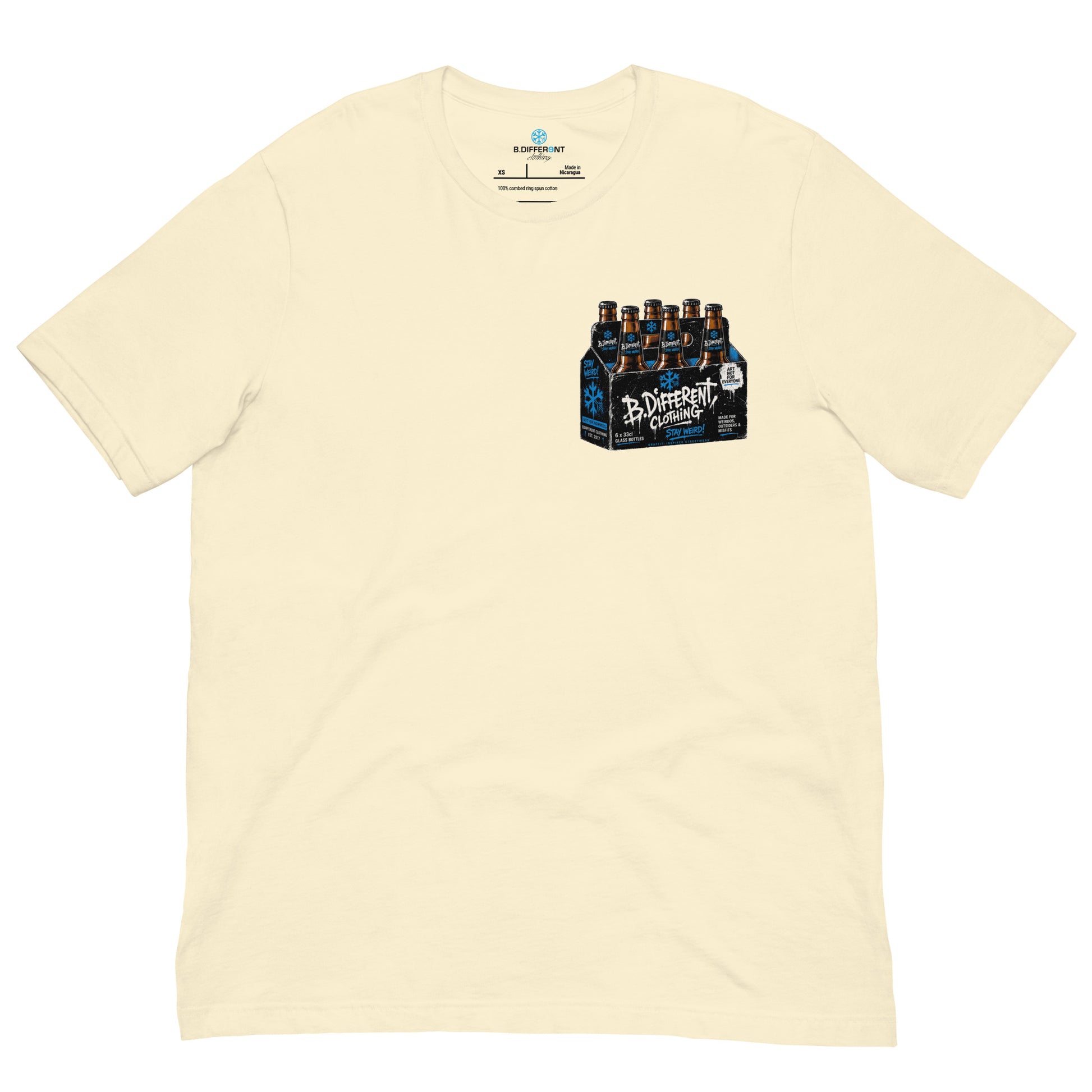 Beige-Six Pack Beer Graffiti Tee from B.Different Clothing, front view, graffiti-inspired streetwear