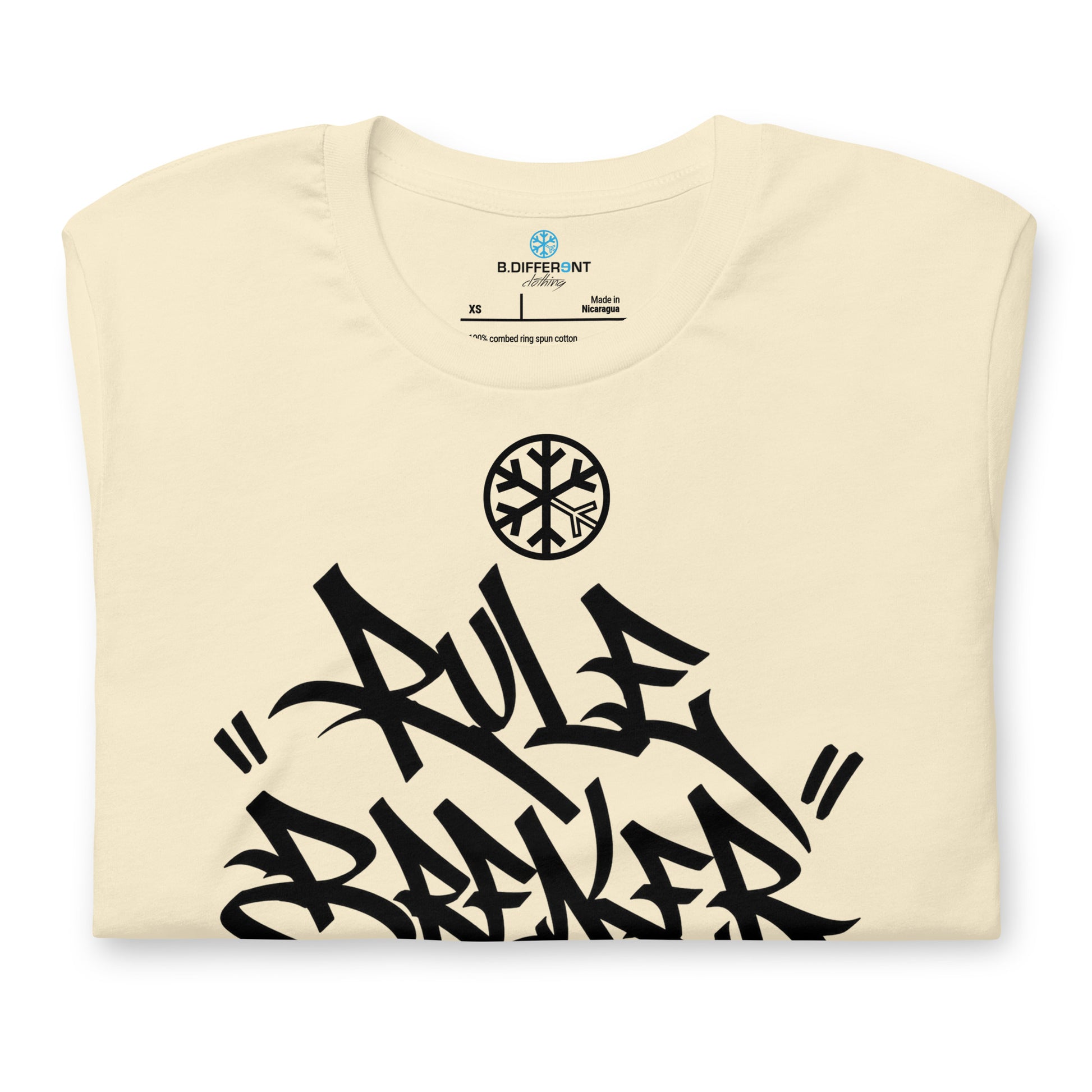 Beige-Rule Breaker Graffiti Tag Tee from B.Different Clothing, folded, graffiti-inspired streetwear