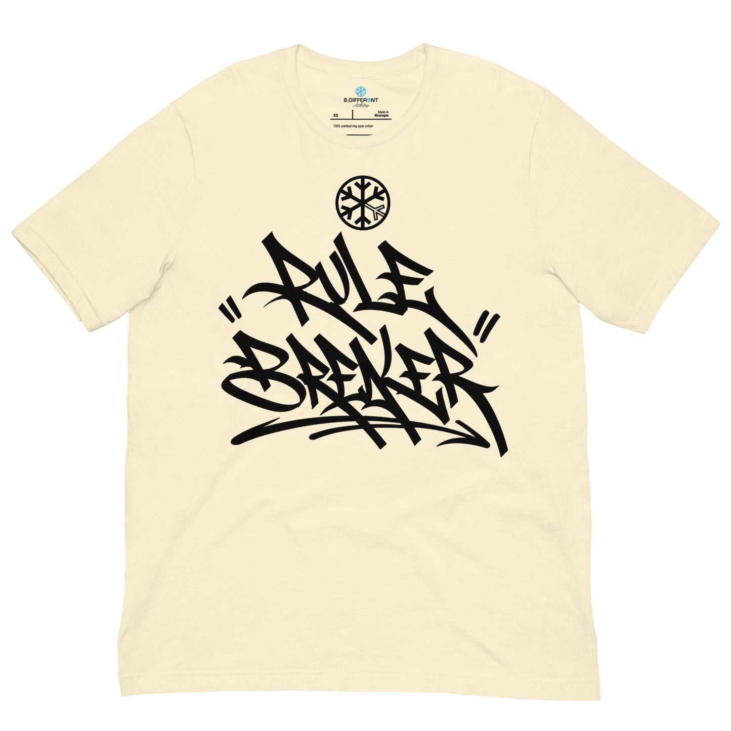 Beige-Rule Breaker Graffiti Tag Tee from B.Different Clothing, front view, graffiti-inspired streetwear