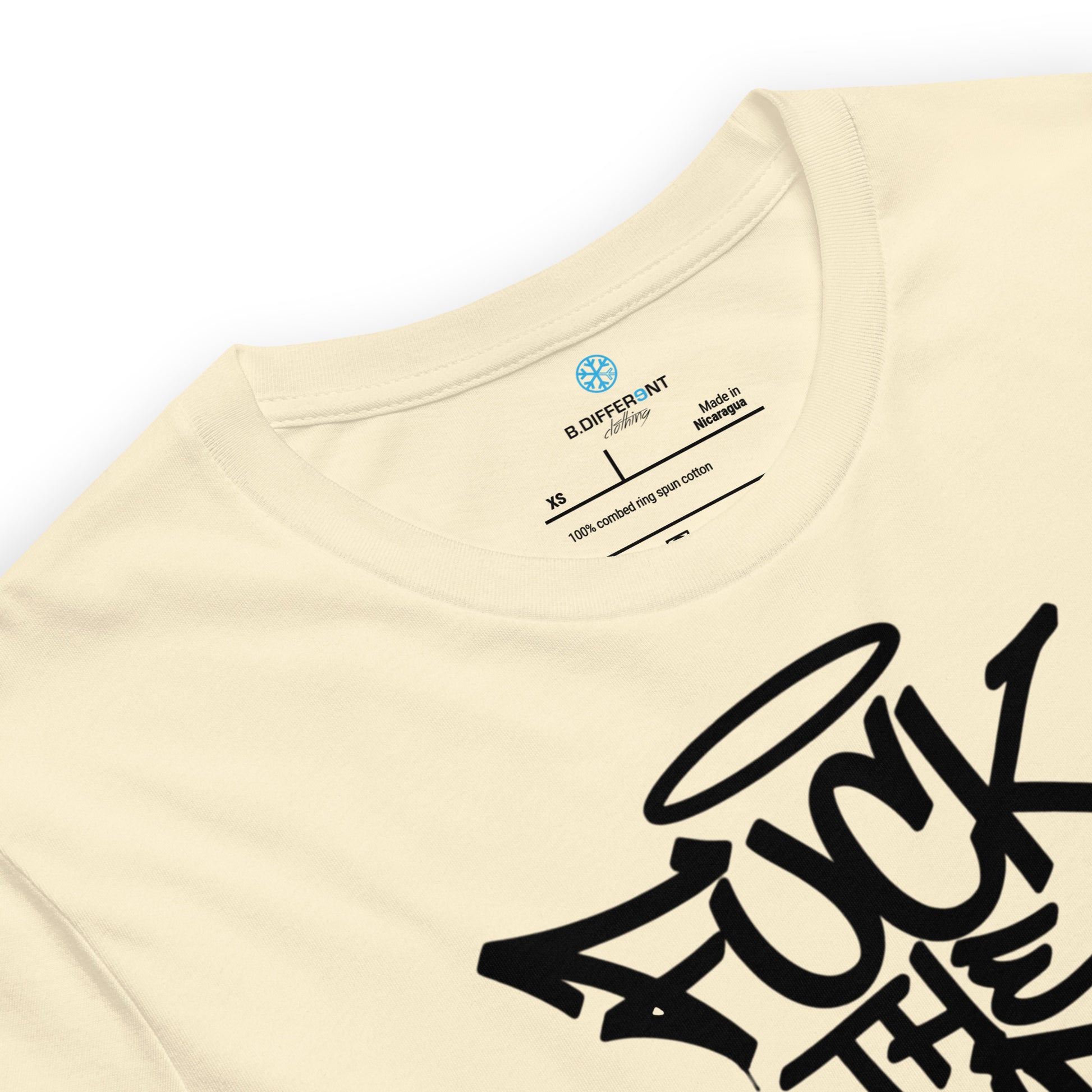 Beige-Fuck The Vandal Squad Graffiti Tee from B.Different Clothing, collar, graffiti-inspired streetwear t-shirt