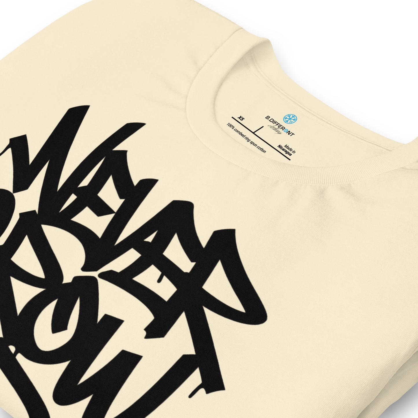 Beige-Never Grow Up Graffiti Tee from B.Different Clothing, detail, graffiti-inspired streetwear t-shirt