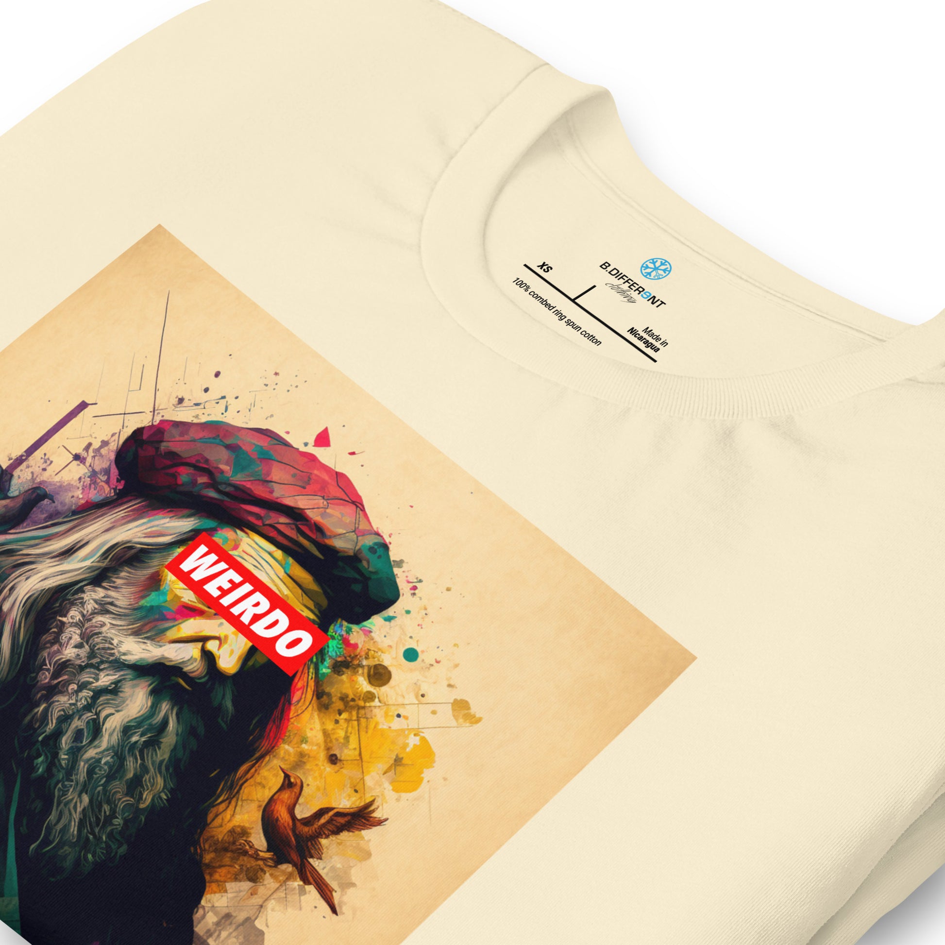 Beige-Leonardo da Vinci Tee from B.Different Clothing, detail, graffiti-inspired streetwear t-shirt