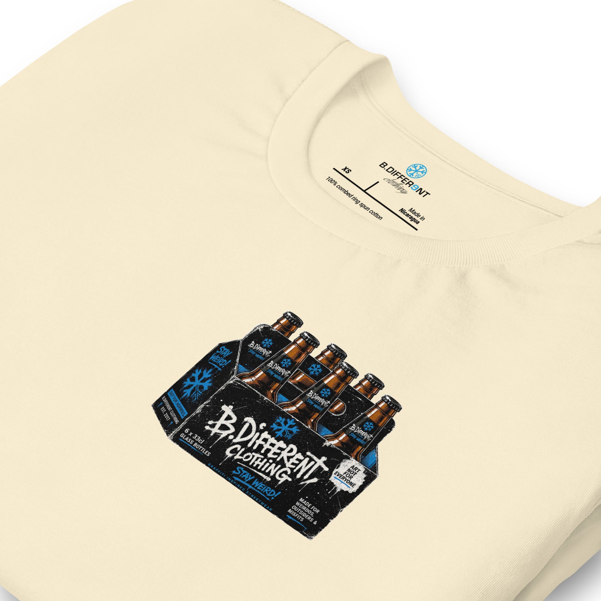 Beige-Six Pack Beer Graffiti Tee from B.Different Clothing, detail, graffiti-inspired streetwear