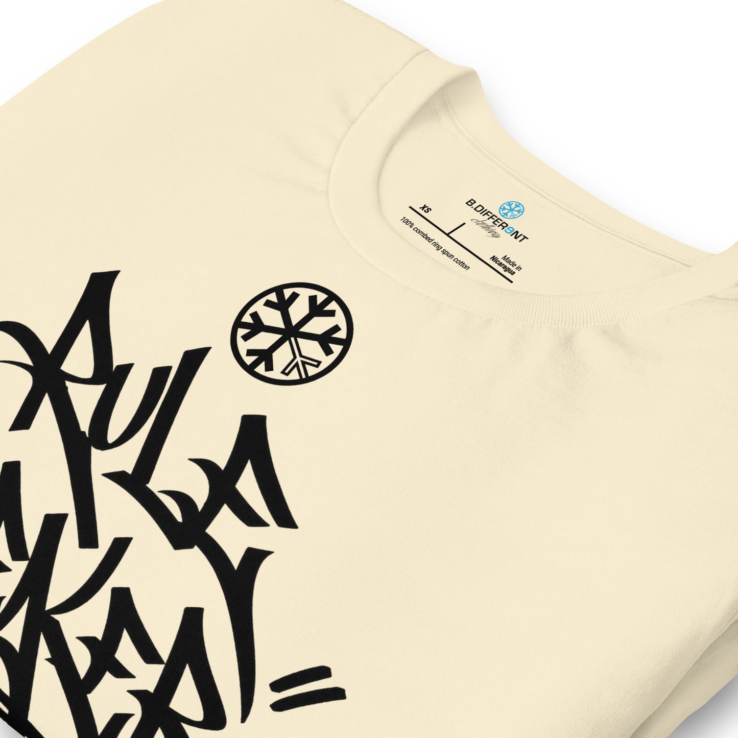 Beige-Rule Breaker Graffiti Tag Tee from B.Different Clothing, detail, graffiti-inspired streetwear