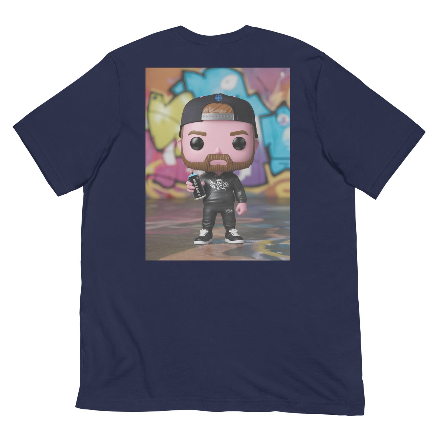 Navy-Graffiti Artist Vinyl Figure Tee from B.Different Clothing, back view, graffiti-inspired streetwear t-shirt