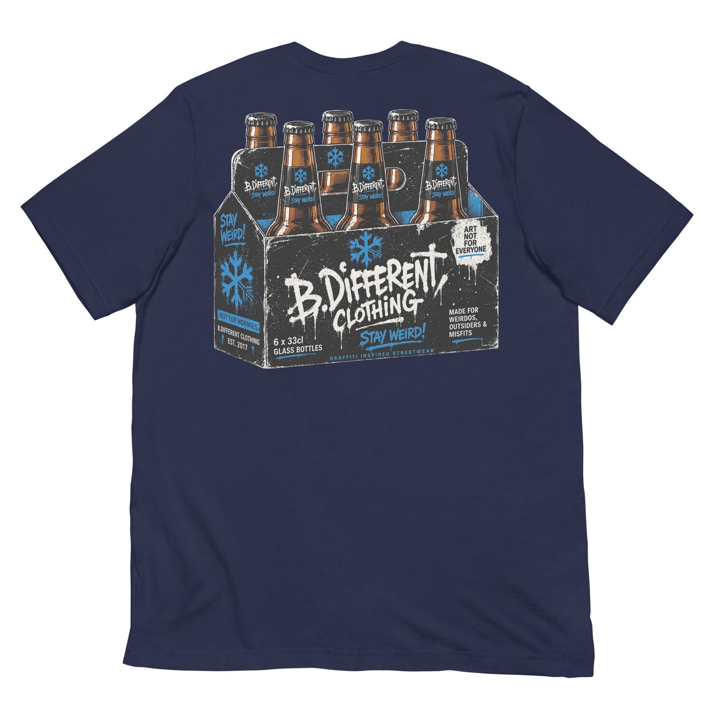 Navy-Six Pack Beer Graffiti Tee from B.Different Clothing, back view, graffiti-inspired streetwear
