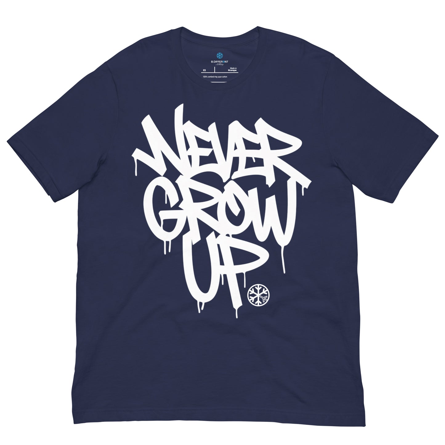Navy-Never Grow Up Graffiti Tee from B.Different Clothing, front view, graffiti-inspired streetwear t-shirt