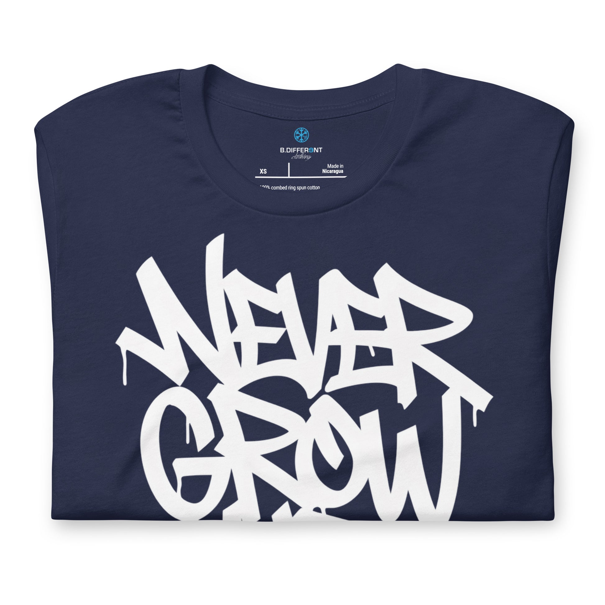 Navy-Never Grow Up Graffiti Tee from B.Different Clothing, folded, graffiti-inspired streetwear t-shirt