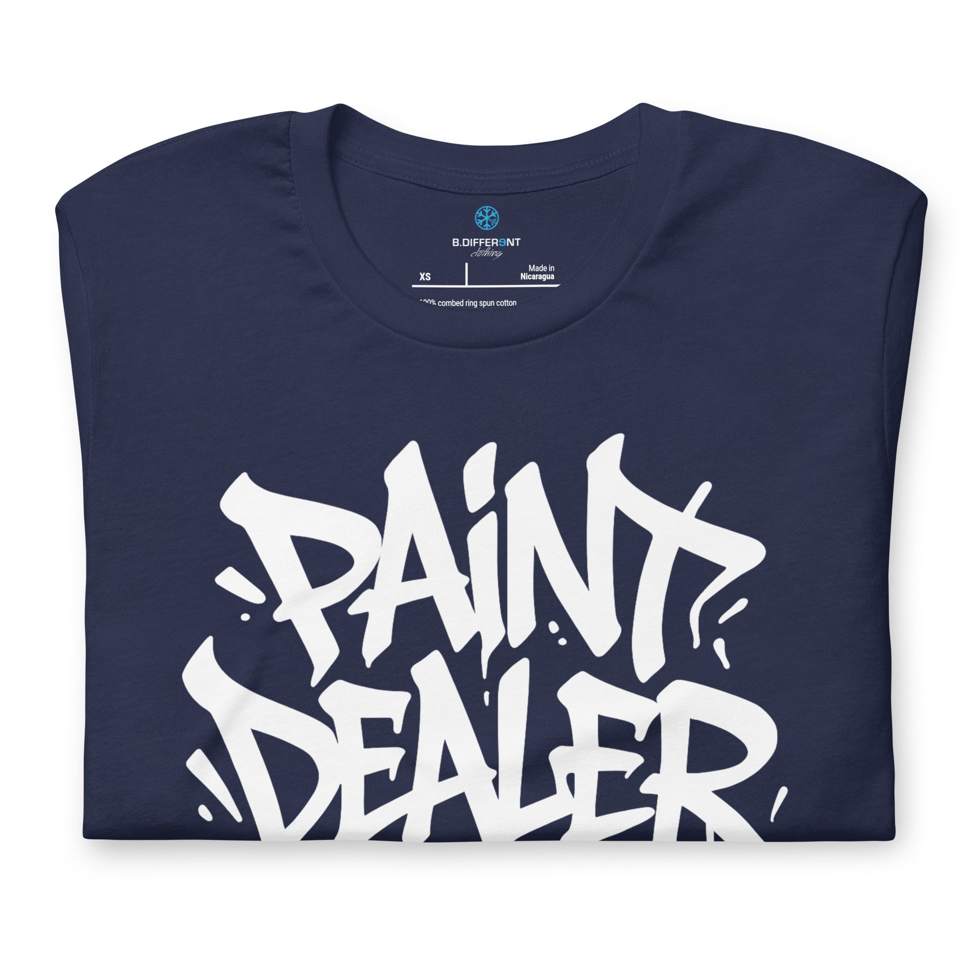 Navy-Paint Dealer Graffiti Tag Tee from B.Different Clothing, folded, graffiti-inspired streetwear t-shirt