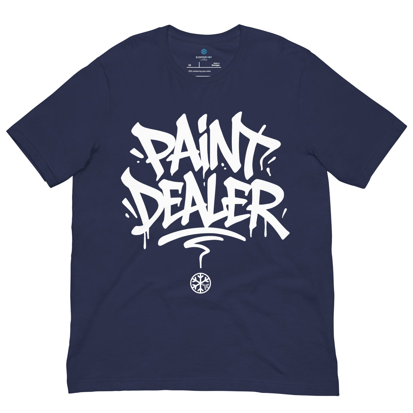 Navy-Paint Dealer Graffiti Tag Tee from B.Different Clothing, front view, graffiti-inspired streetwear t-shirt