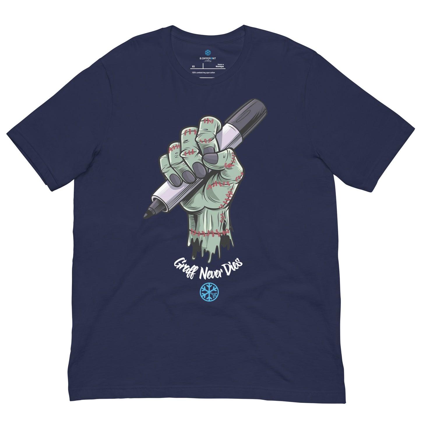 Navy-Thing Graffiti Tee from B.Different Clothing, front view, graffiti-inspired streetwear t-shirt
