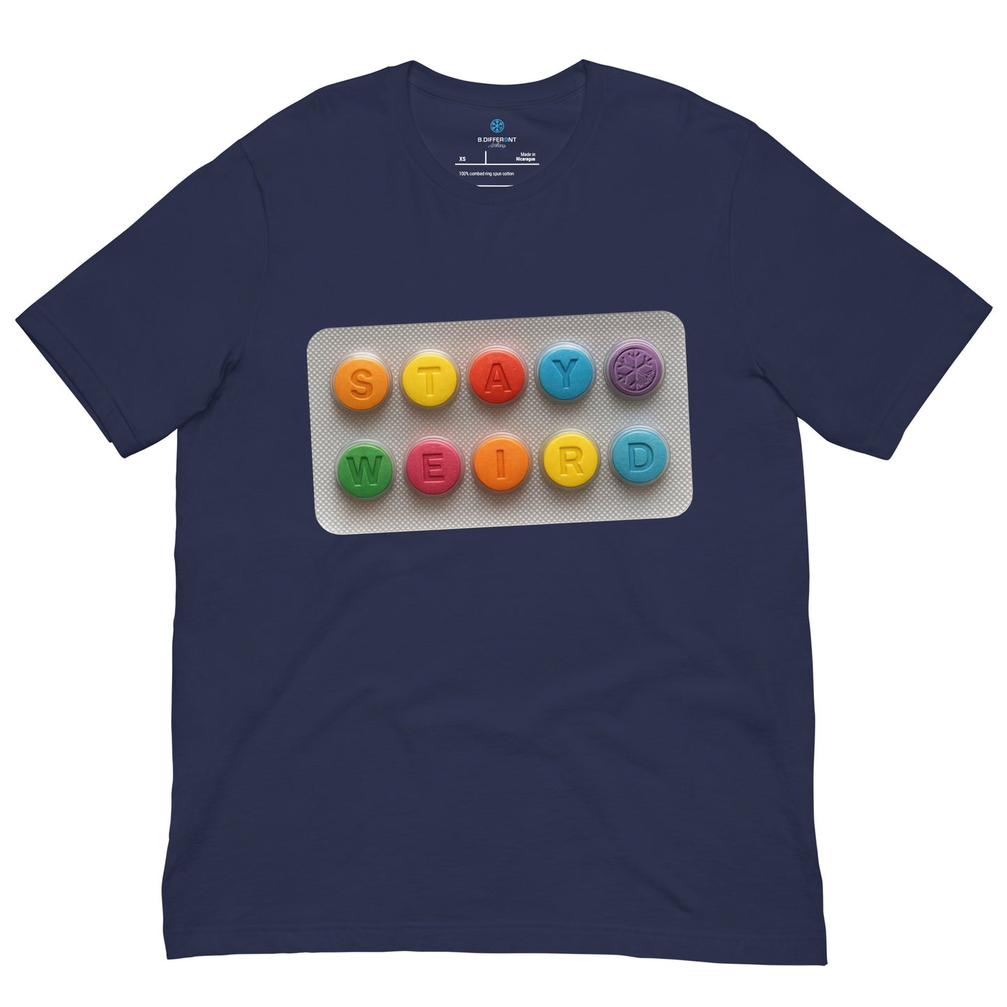 Navy-Stay Weird Pills Tee from B.Different Clothing, front view, graffiti-inspired streetwear t-shirt