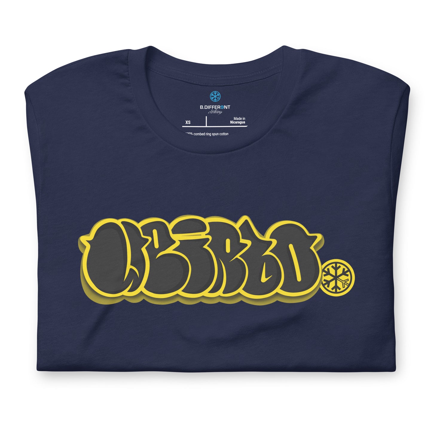 Navy-Weirdo Graffiti Throwie Tee from B.Different Clothing, folded, graffiti-inspired streetwear t-shirt