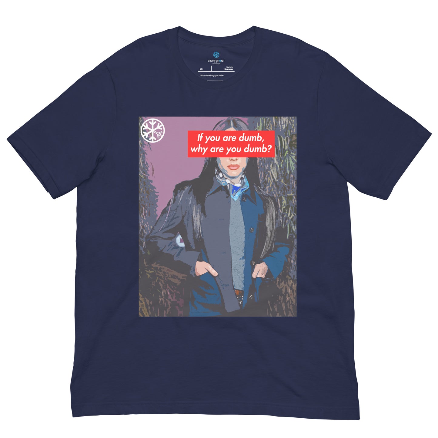 Navy-Why Are You Dumb Tee from B.Different Clothing, front view, graffiti-inspired streetwear t-shirt