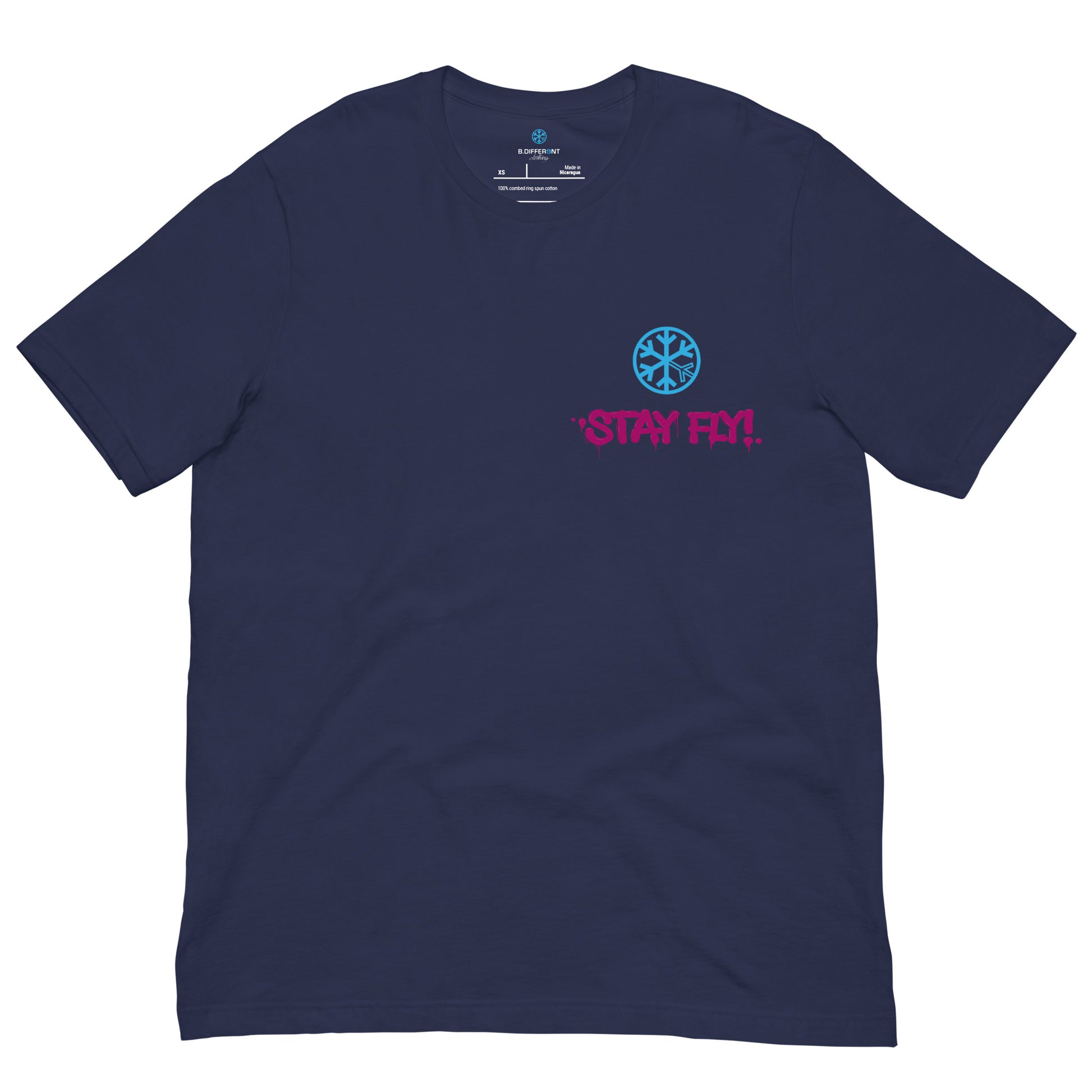 Navy-Stay Fly Graffiti Character Tee from B.Different Clothing, front view, graffiti-inspired streetwear t-shirt