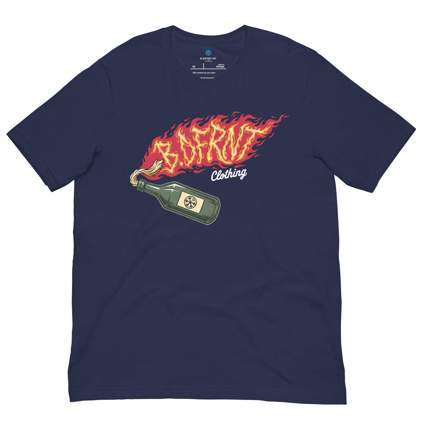 Navy-Molotov Graffiti Tee from B.Different Clothing, front view, graffiti-inspired streetwear t-shirt