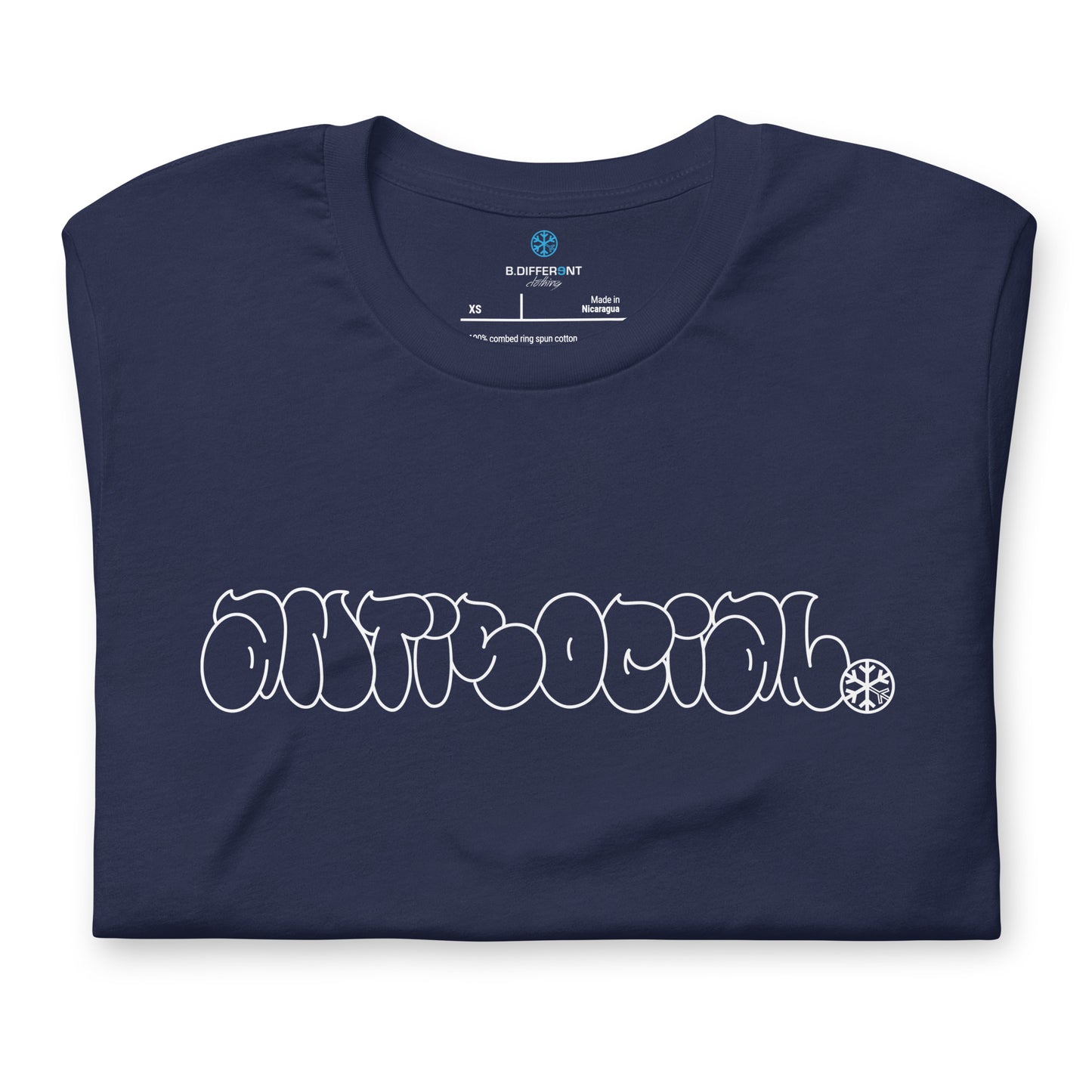 Navy-Antisocial Graffiti Hollow Tee from B.Different Clothing, folded, graffiti-inspired streetwear t-shirt