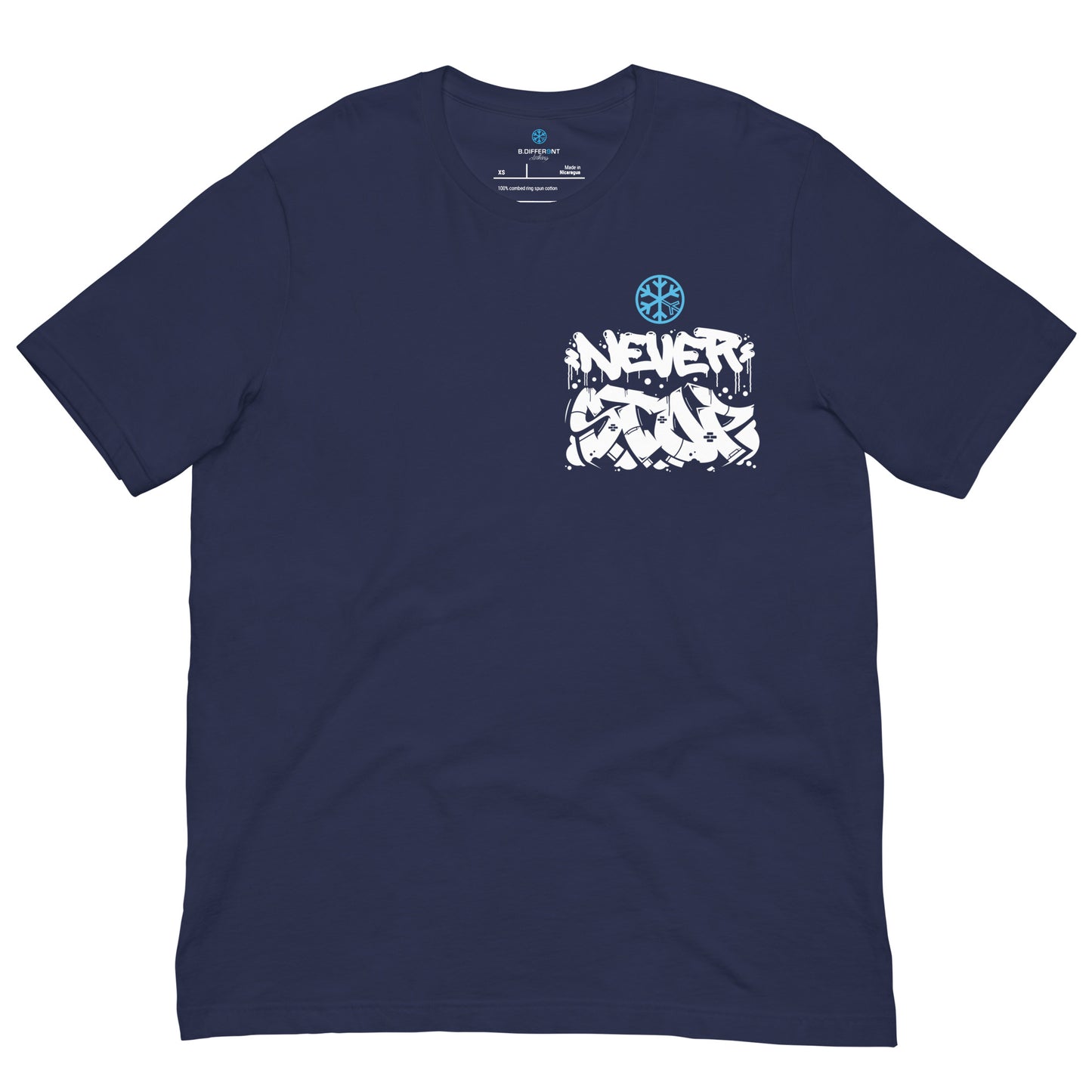 Navy-Never Stop Graffiti Character Tee from B.Different Clothing, front view, graffiti-inspired streetwear t-shirt