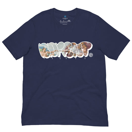Navy-BDFRNT Throwie x Creation of Adam Graffiti Tee from B.Different Clothing, front view, graffiti-inspired streetwear t-shirt