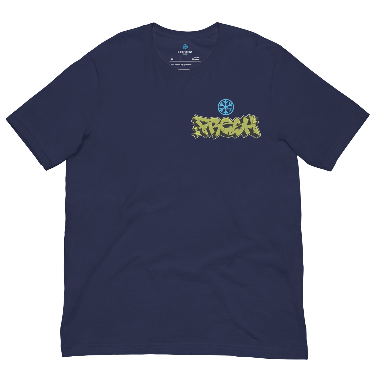 Navy-Fresh Graffiti Character Tee from B.Different Clothing, front view, graffiti-inspired streetwear t-shirt