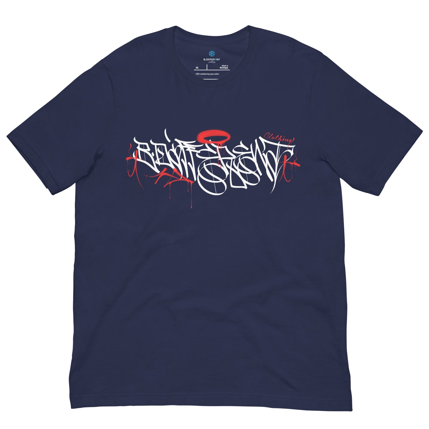 Navy-Caos One Collab Graffiti Tee from B.Different Clothing, front view, graffiti-inspired streetwear t-shirt