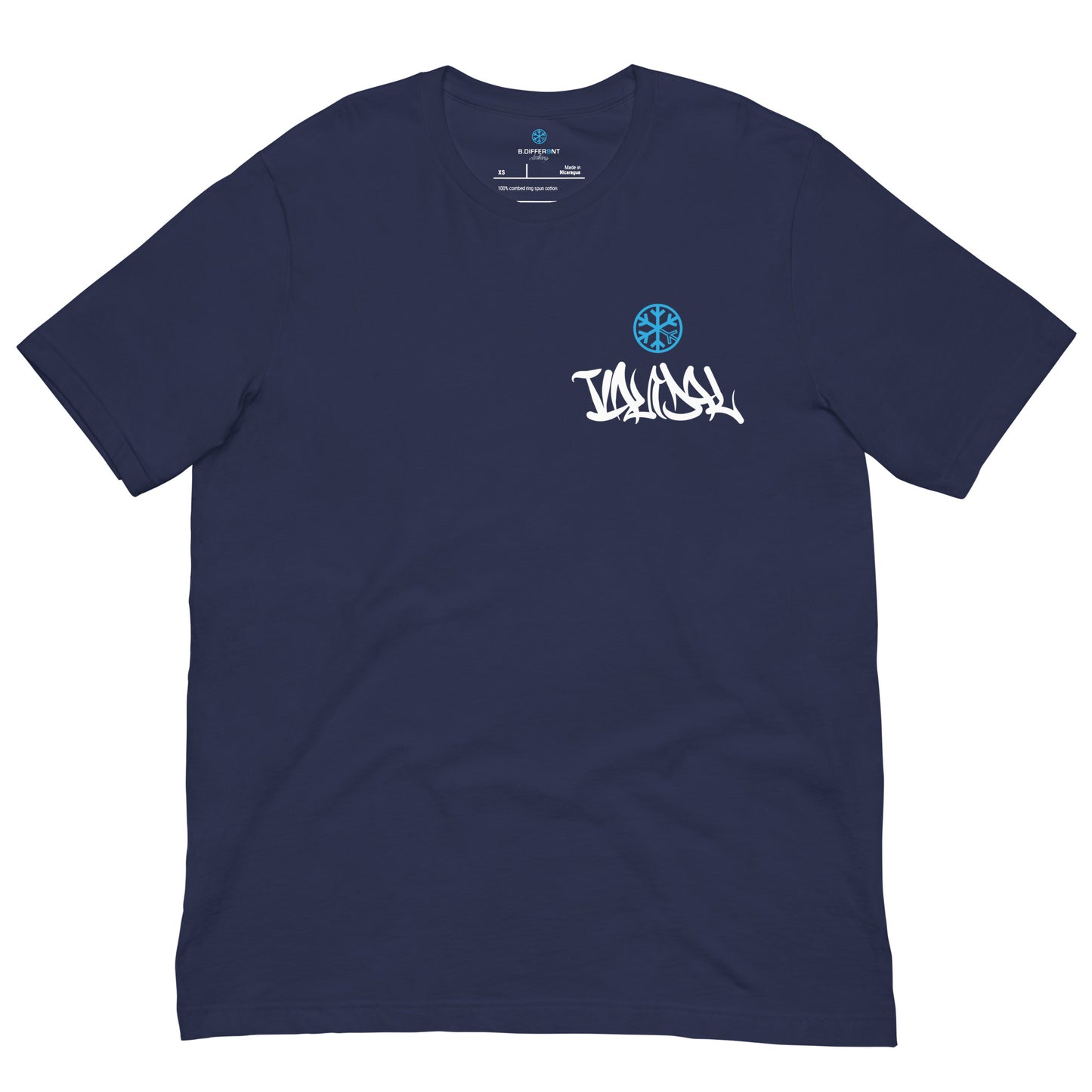 Navy-Vandal Graffiti Writer Tee from B.Different Clothing, front view, graffiti-inspired streetwear t-shirt