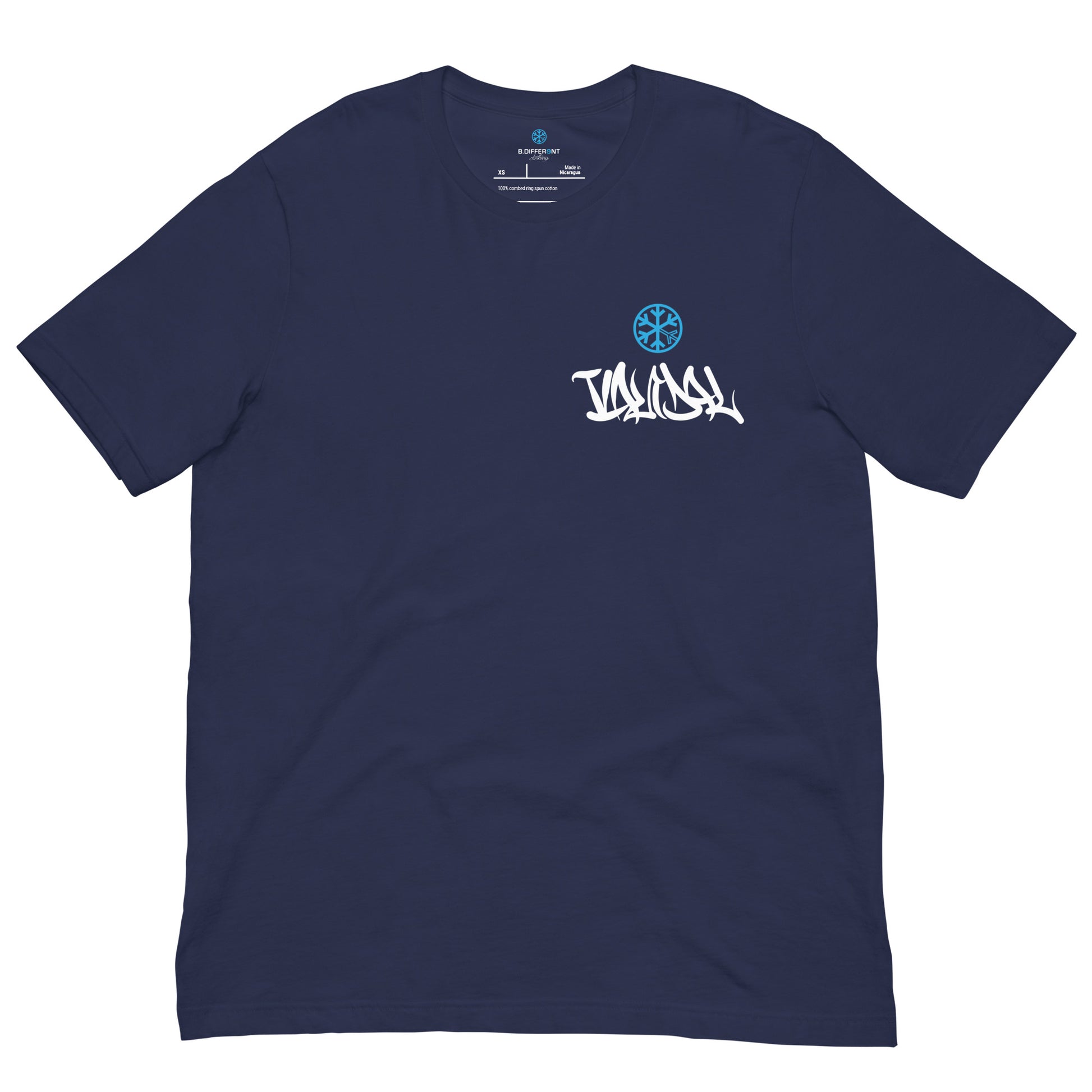 Navy-Vandal Graffiti Writer Tee from B.Different Clothing, front view, graffiti-inspired streetwear t-shirt