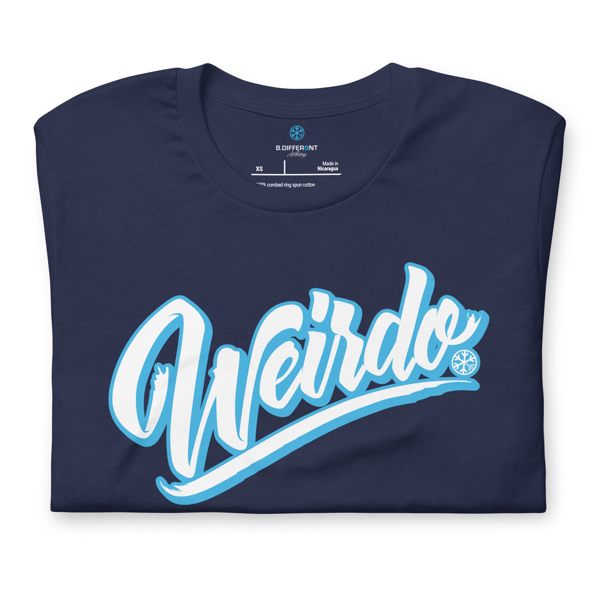 Navy-Weirdo Tee from B.Different Clothing, folded, graffiti-inspired streetwear t-shirt