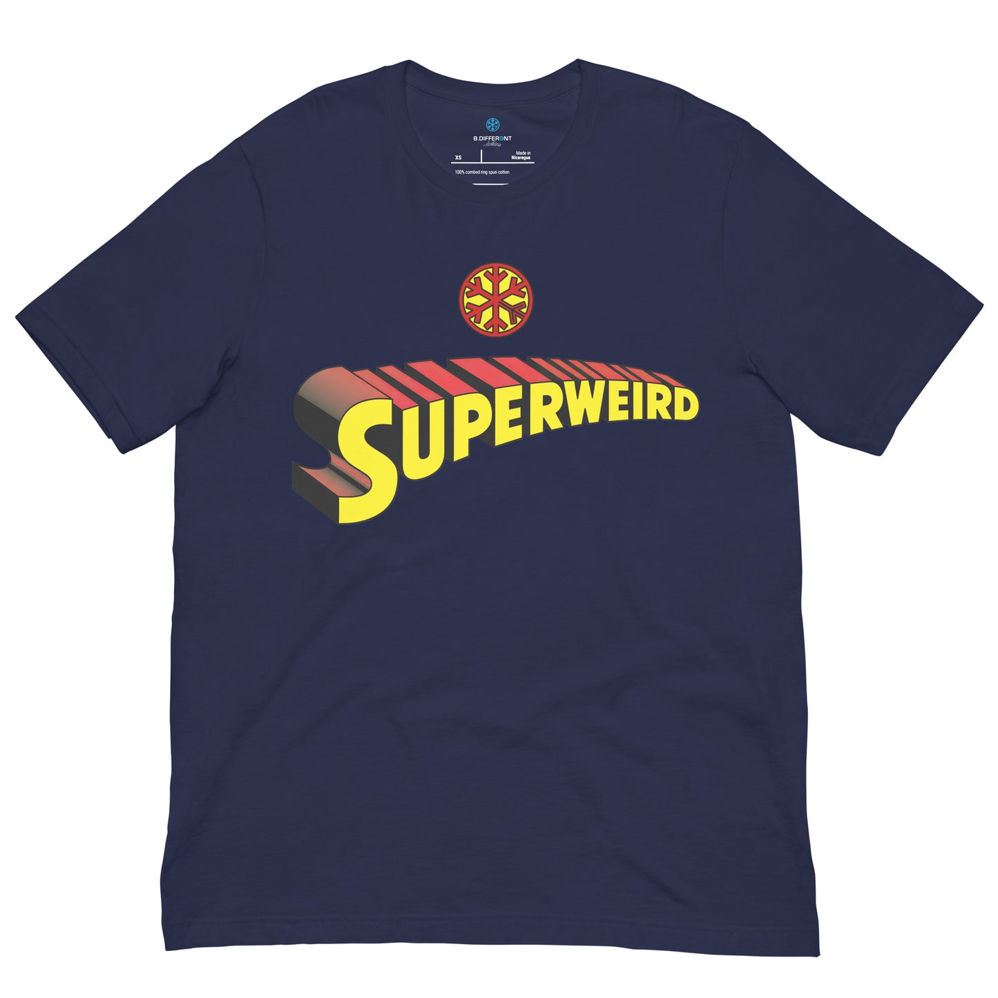Navy-Superweird Tee from B.Different Clothing, front view, graffiti-inspired streetwear t-shirt