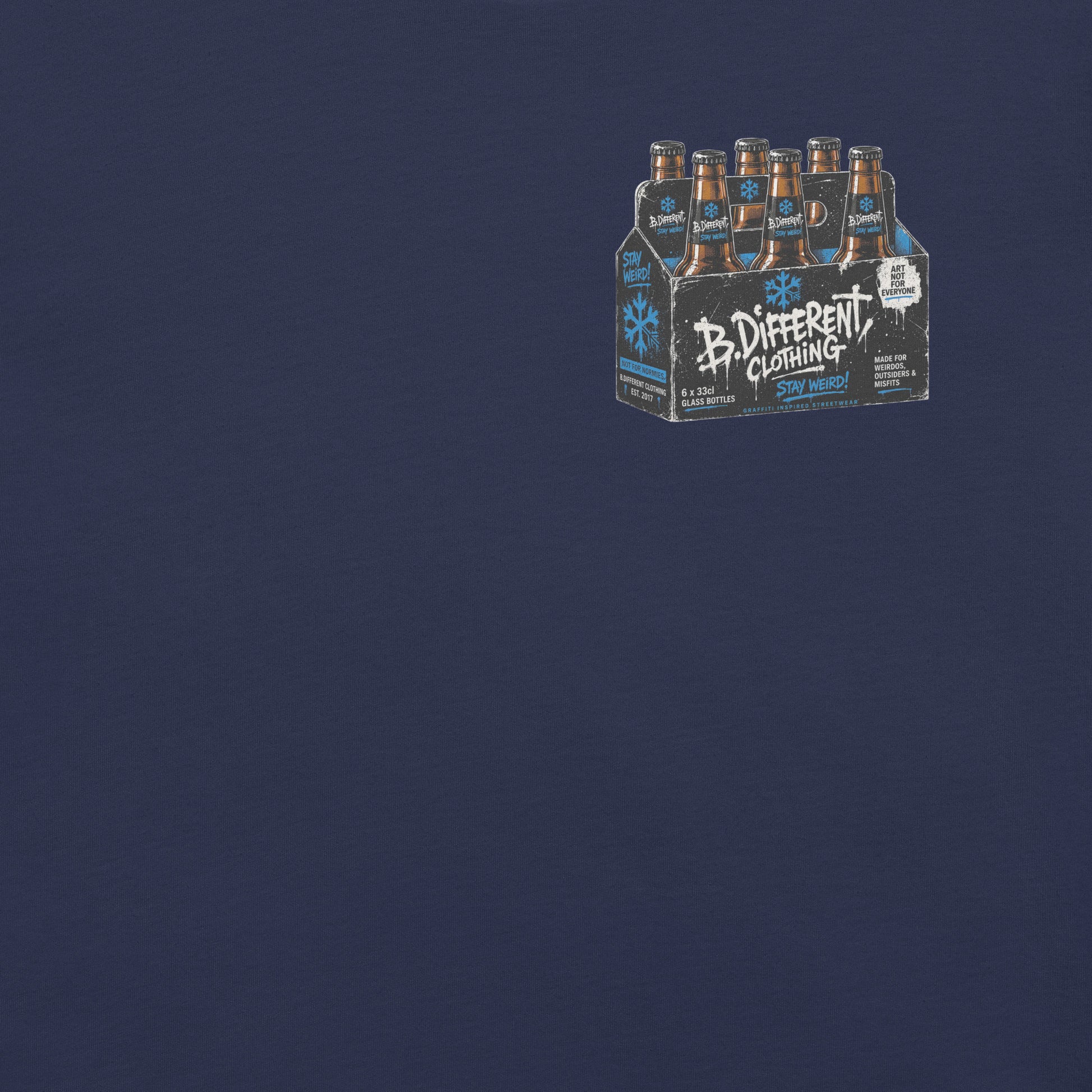 Navy-Six Pack Beer Graffiti Tee from B.Different Clothing, front graphic, graffiti-inspired streetwear
