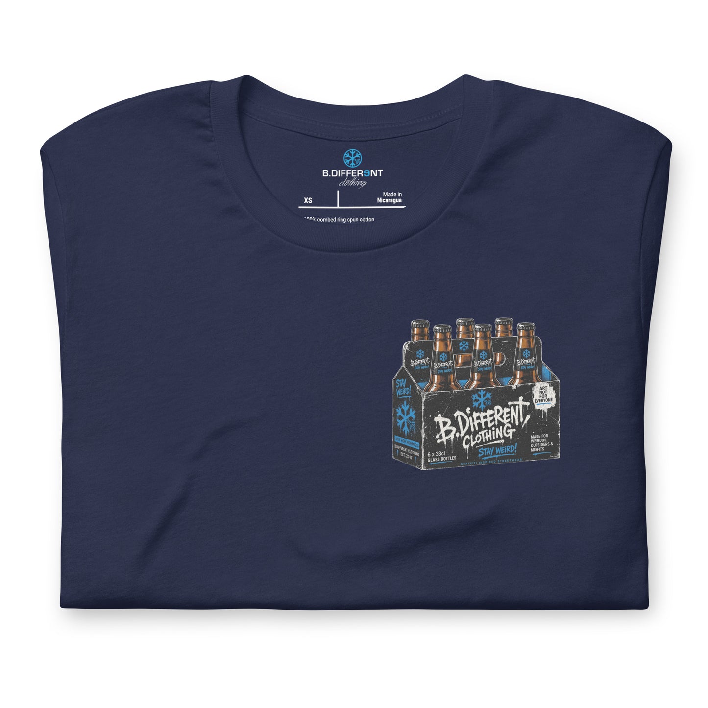 Navy-Six Pack Beer Graffiti Tee from B.Different Clothing, folded, graffiti-inspired streetwear