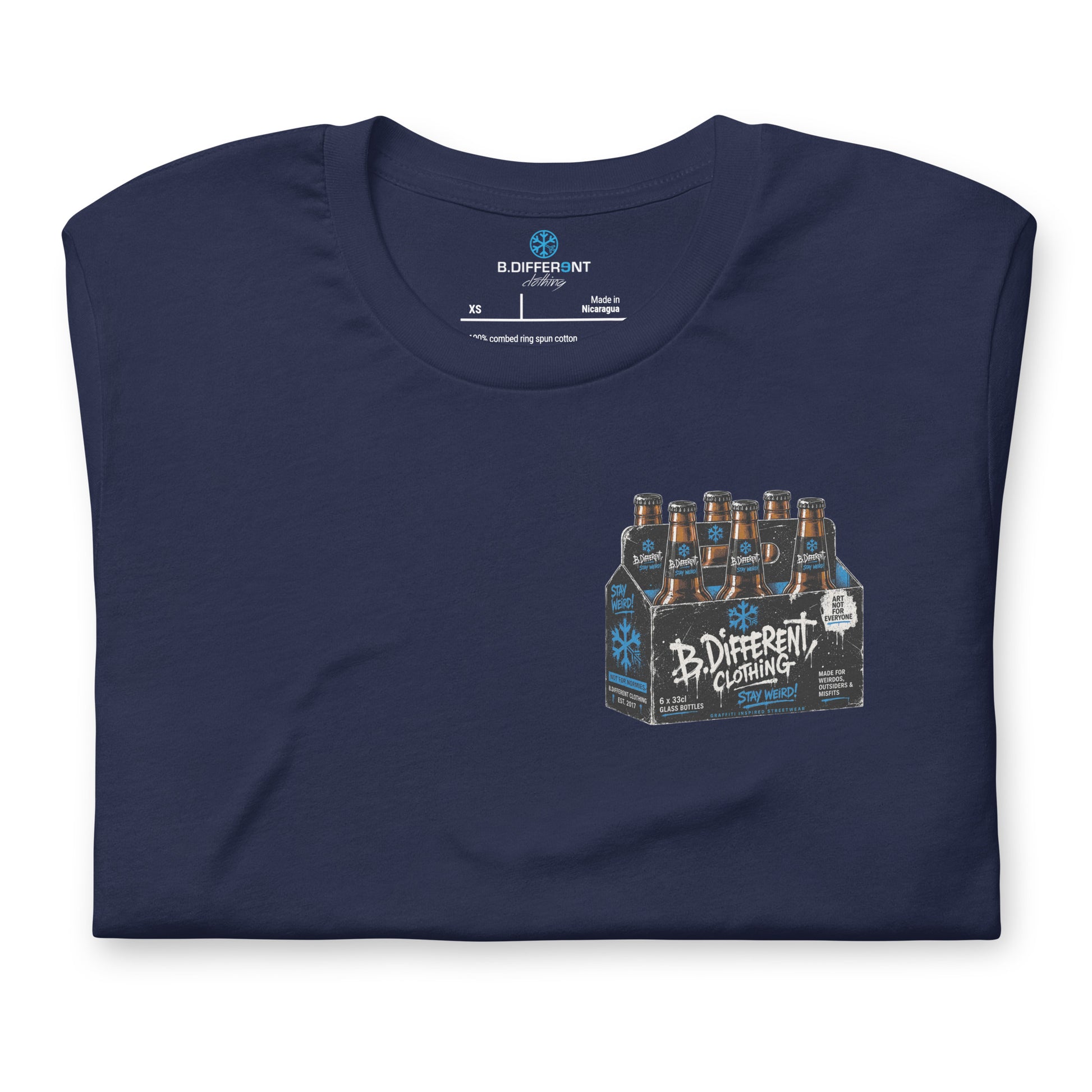 Navy-Six Pack Beer Graffiti Tee from B.Different Clothing, folded, graffiti-inspired streetwear