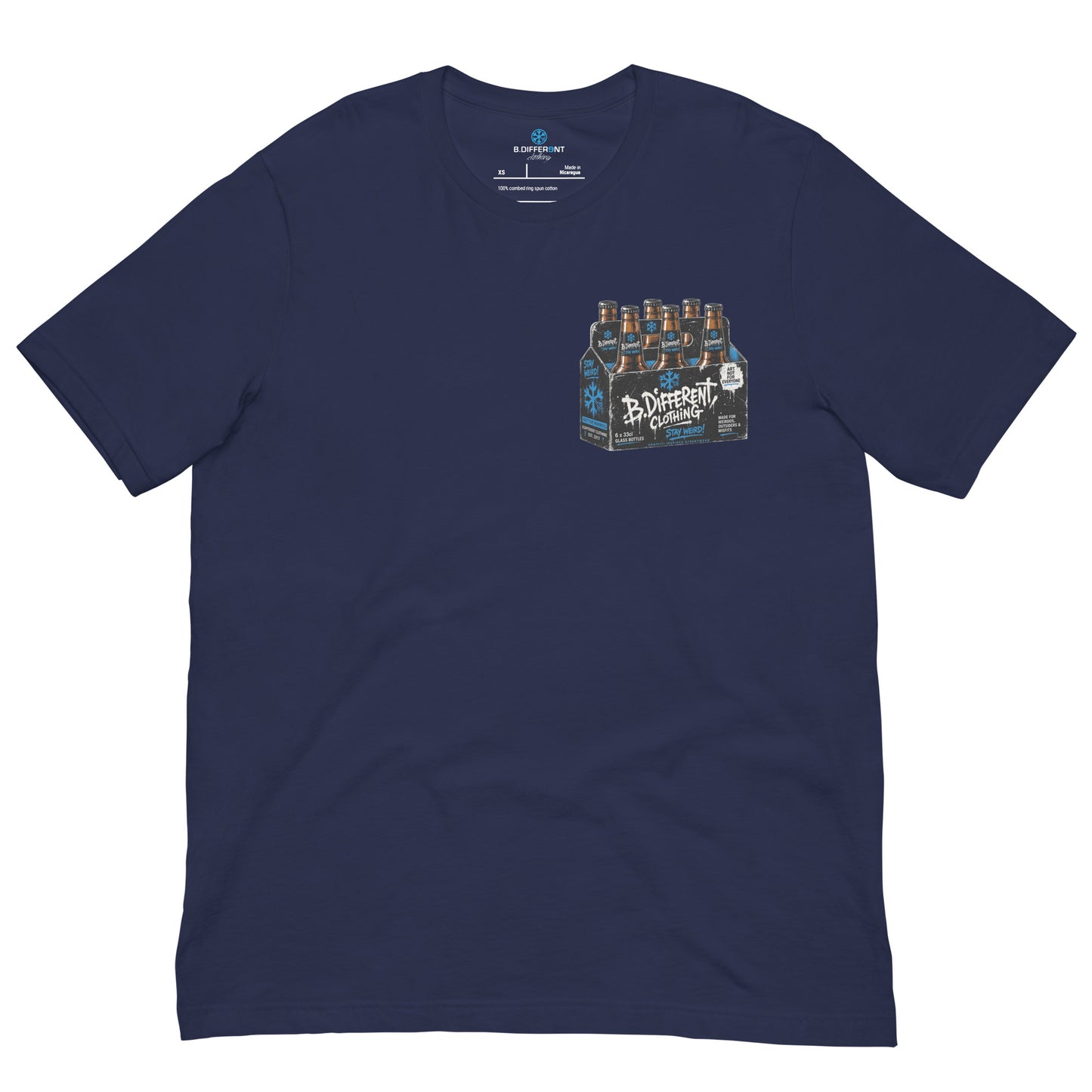 Navy-Six Pack Beer Graffiti Tee from B.Different Clothing, front view, graffiti-inspired streetwear