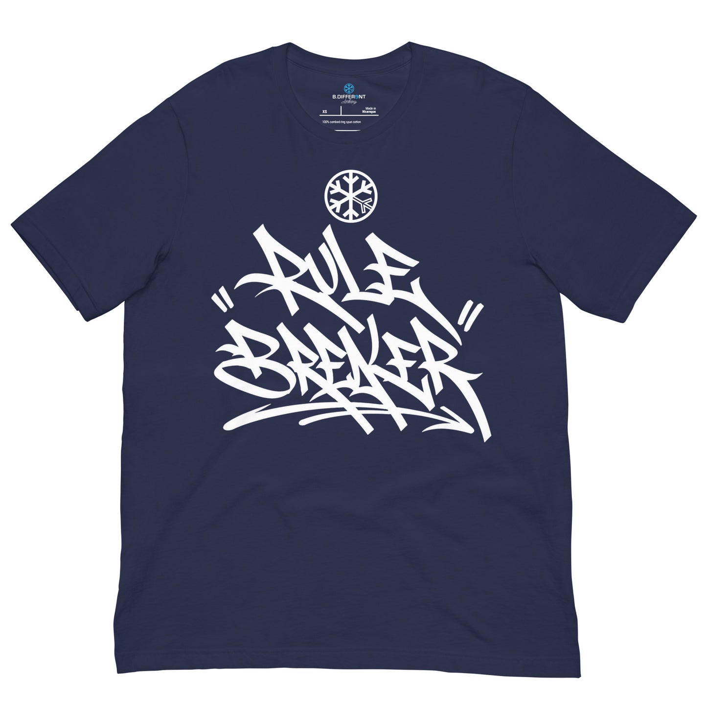 Navy-Rule Breaker Graffiti Tag Tee from B.Different Clothing, front view, graffiti-inspired streetwear