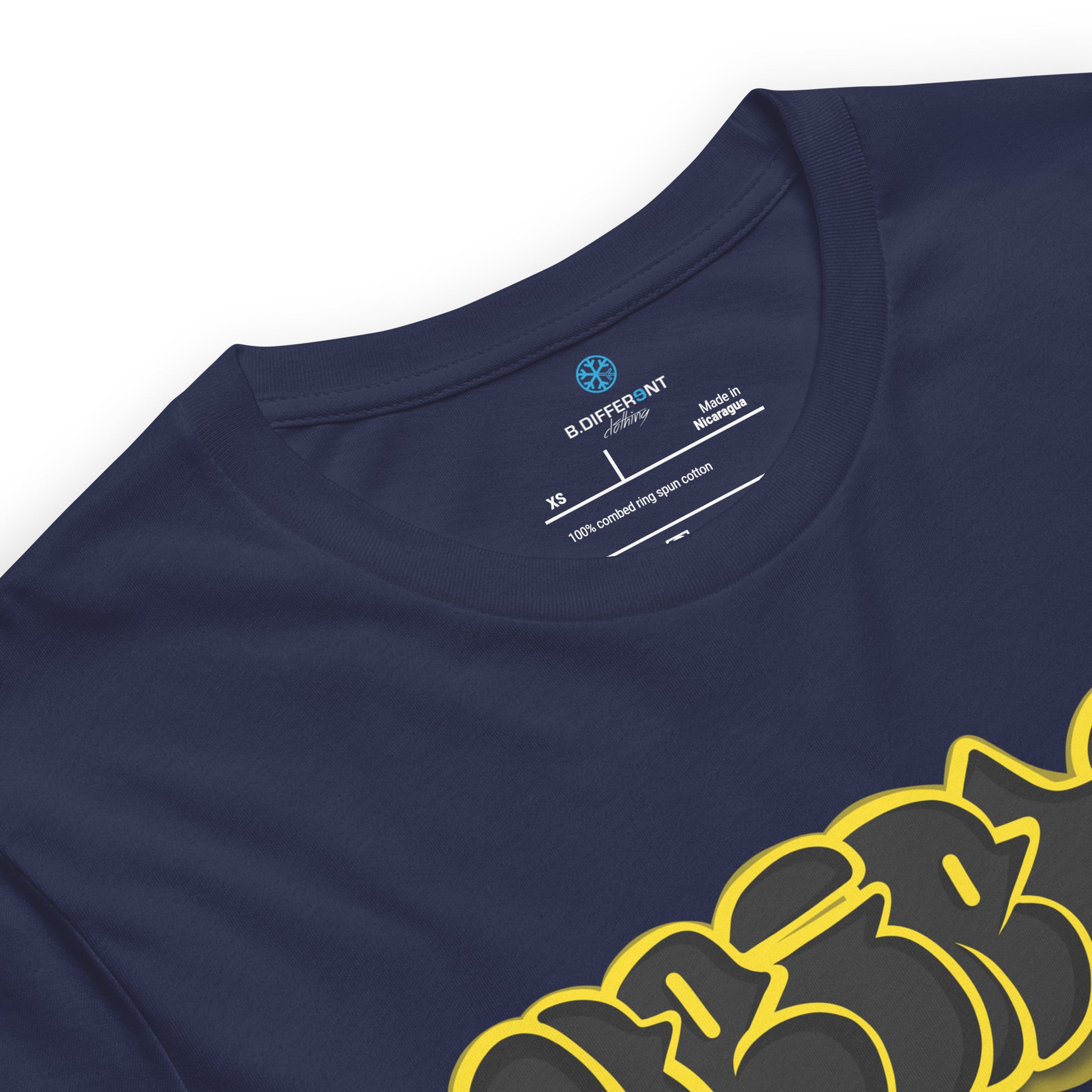 Navy-Weirdo Graffiti Throwie Tee from B.Different Clothing, collar, graffiti-inspired streetwear t-shirt