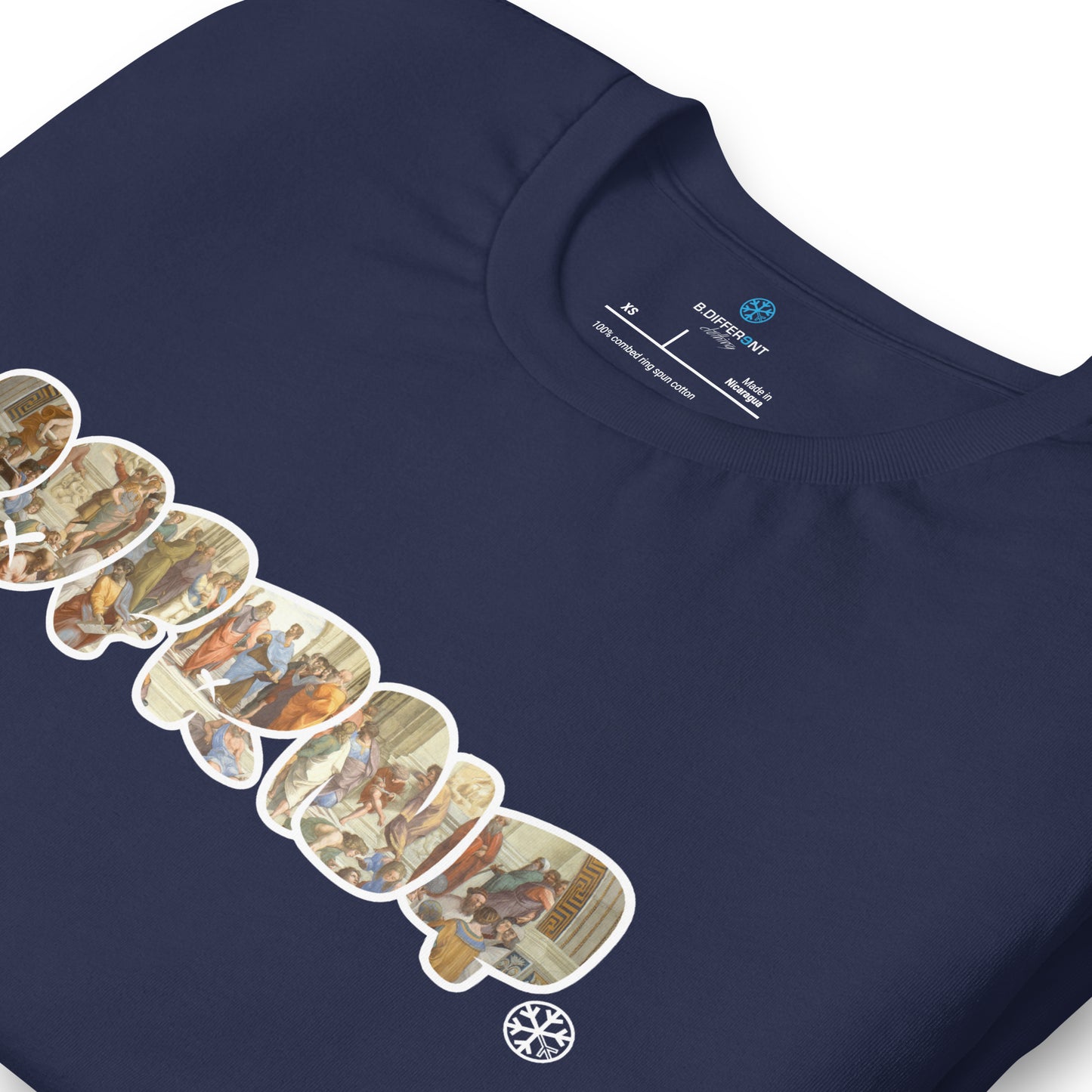 Navy-BDFRNT Throwie x School of Athens Graffiti Tee from B.Different Clothing, detail, graffiti-inspired streetwear t-shirt